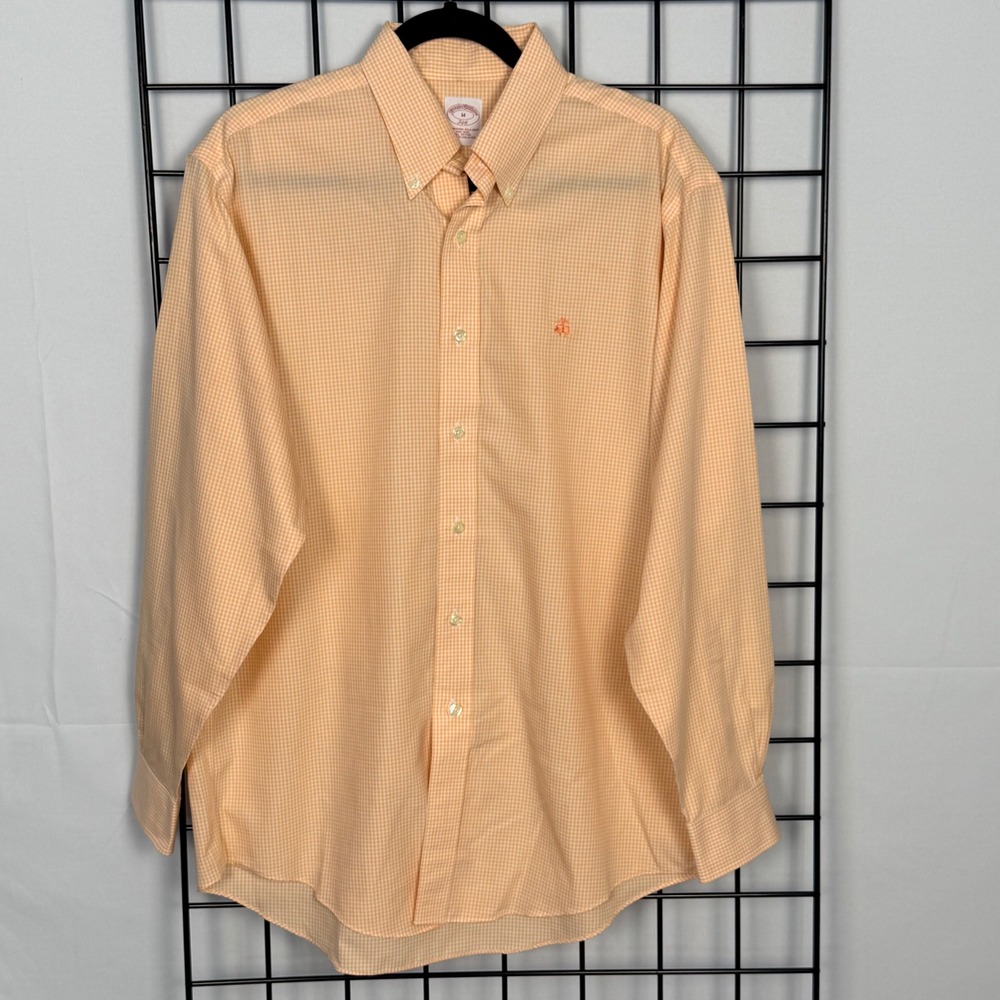 Brooks Brothers 346 Button Down Mens M Orange Gingham Check Non-Iron Cotton